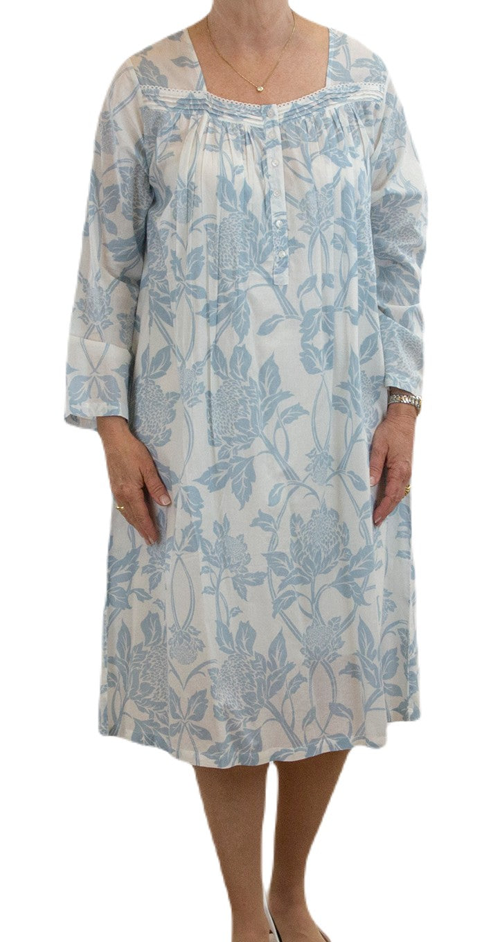 Long Sleeve Sq Neck Cotton Nightie - Blue Waratah Print