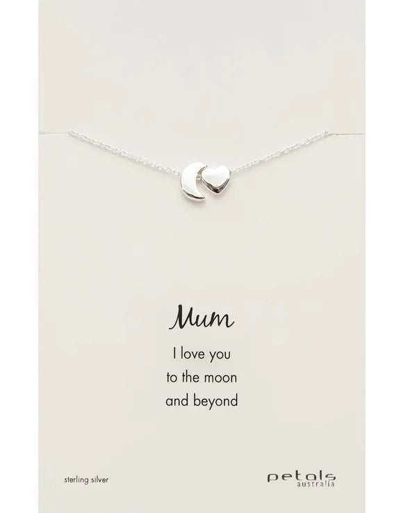 Mum Moon & Heart Necklace Silver